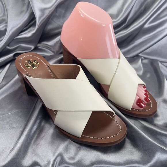 Tory Burch Montrose Mules Sandals Women's 6 Block Heel Ivory Tan Cross‎ Straps - Picture 1 of 16